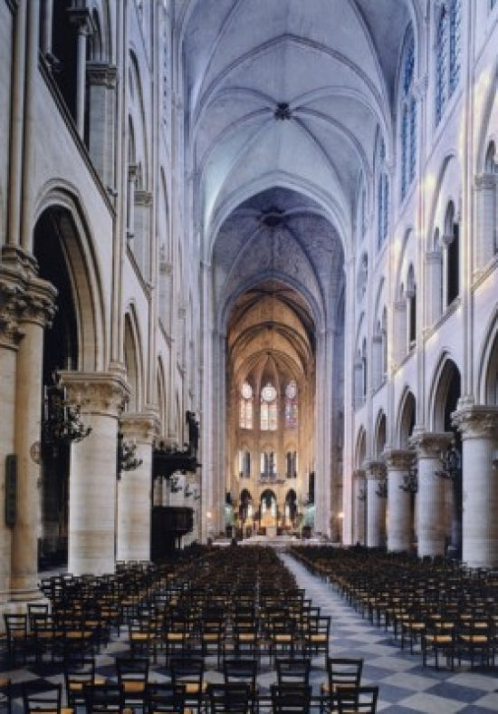 Notre Dame Interior Poster Print showcasing the beautiful architecture of Notre Dame de Paris.