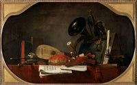 The Attributes of Music poster print by Jean-Sim, showcasing musical themes in art.