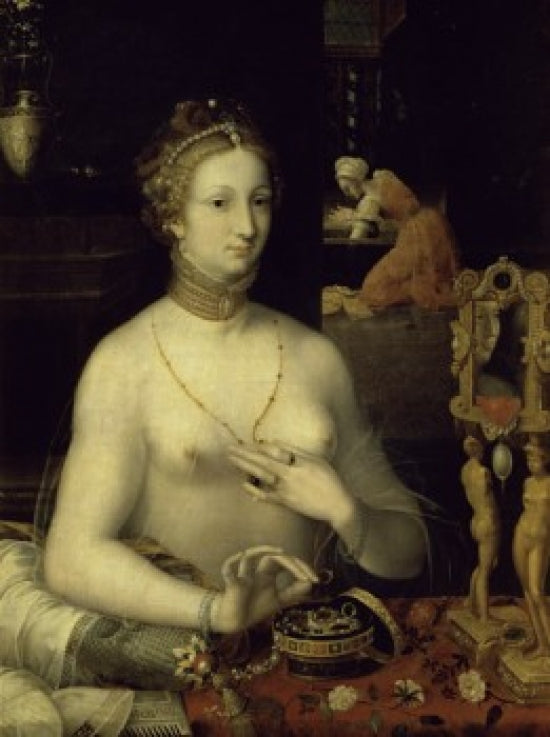 Lady at Her Dressing Table poster print from the School of Fontainebleau, 16th century art.