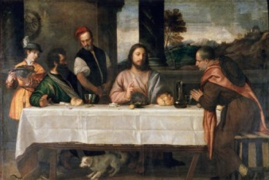 The Supper at Emmaus fine art print by Titian, showcasing vibrant colors and intricate details.
