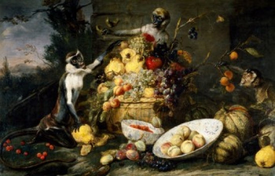 Fruits and Vegetables with Monkey, Parrot and Squirrel Fine Art Print by Frans Snyder