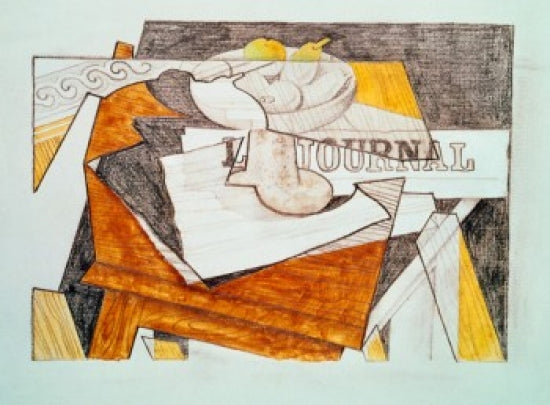 Still Life With a Newspaper and a Wooden Table Art Print by Juan Gris, 1918.