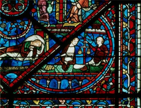 The Money Changers stained glass poster print from Chartres Cathedral, France.