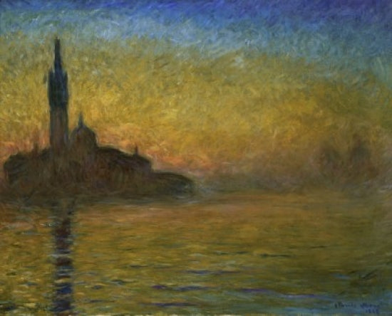 Twilight in Venice poster print by Claude Monet showcasing serene Venetian canals at dusk.