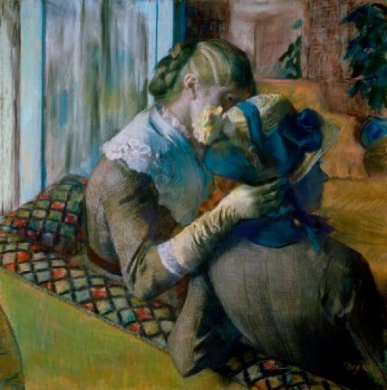 At the Milliner's art print by Edgar Degas showcasing millinery fashion.