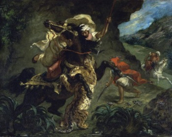 The Tiger Hunt poster print by Eugene Delacroix, vibrant artwork showcasing a dramatic tiger hunt scene.