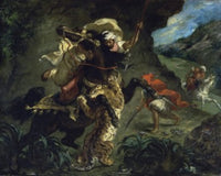 The Tiger Hunt poster print by Eugene Delacroix, vibrant artwork showcasing a dramatic tiger hunt scene.