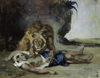 Lion Rending Apart a Corpse Poster Print by Eugene Delacroix, vibrant artwork