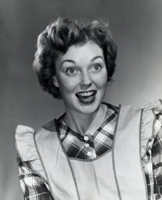 Poster print of a surprised young woman, perfect for home decor.