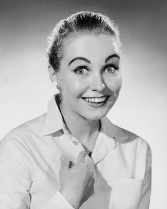 Portrait of a young woman pointing to herself poster print.