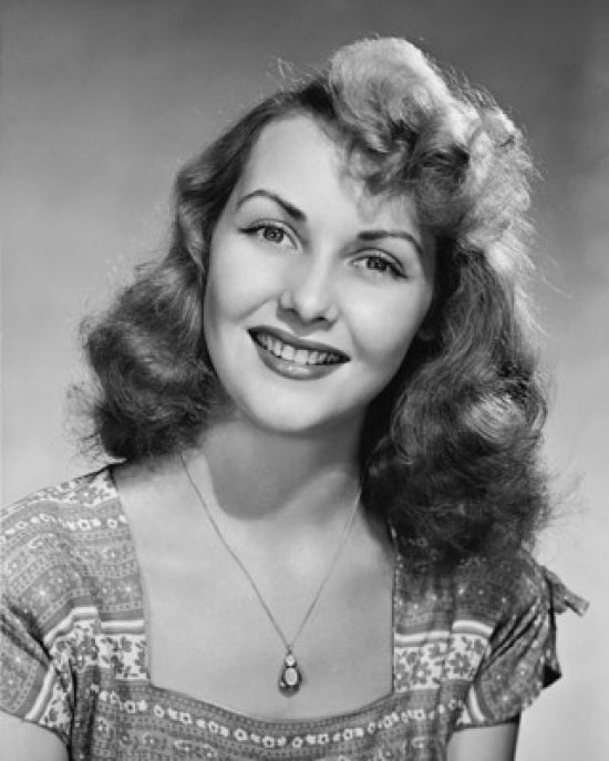Portrait of a young woman smiling, vibrant poster print.
