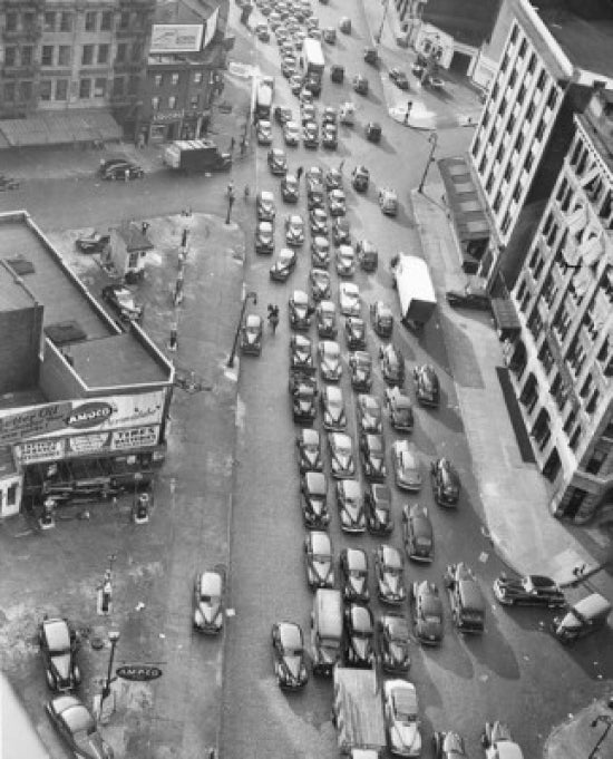 High angle view of cars approaching Holland Tunnel in New York City