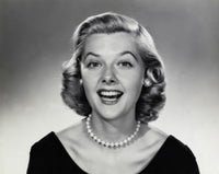 Portrait of a young woman laughing poster print, vibrant colors.