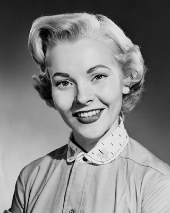 Portrait of a young woman smiling poster print, vibrant colors, joyful expression.