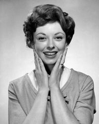 Portrait of a young woman smiling poster print, joyful artwork for home decor.