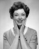 Portrait of a young woman smiling poster print, joyful artwork for home decor.