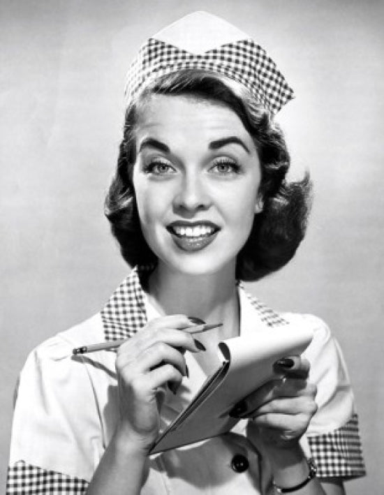 Studio portrait of waitress taking food order poster print
