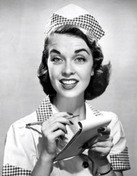 Studio portrait of waitress taking food order poster print