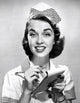 Studio portrait of waitress taking food order poster print