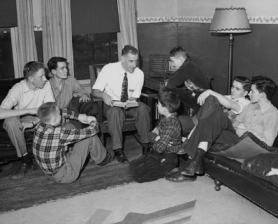 Poster print of members of the YMCA discussing the Bible in Ridgewood, New Jersey.