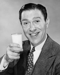 Close-up poster of a mature man holding a glass of milk