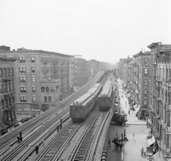 High angle view of trains at Harlem Railroad Station in New York City.