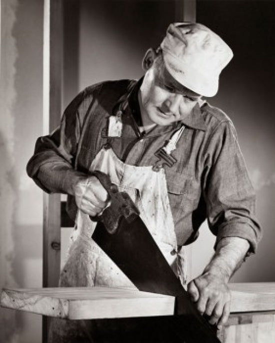 Woodworker Sawing a Wooden Plank Poster Print