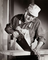 Woodworker Sawing a Wooden Plank Poster Print