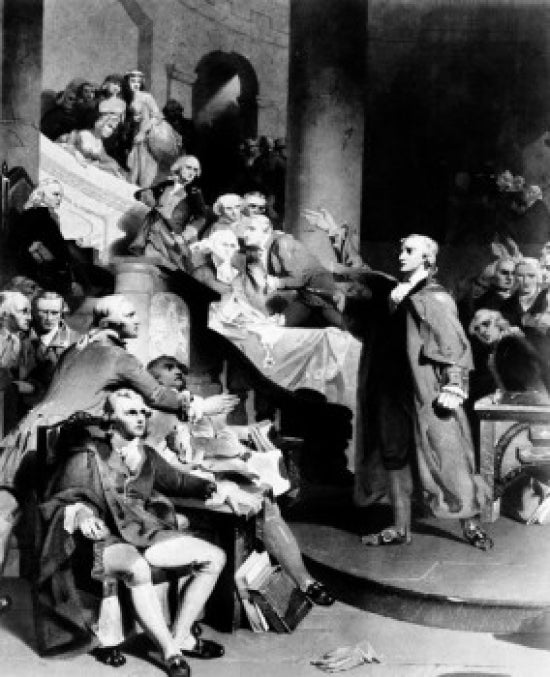 Engraving of Patrick Henry delivering his speech in the House of Burgesses, 1765.