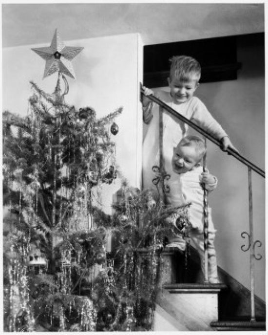 Two boys standing on a staircase looking at a Christmas tree poster print.