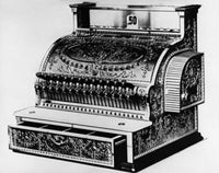 Close-up view of an antique cash register poster print.