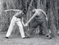 Two boys arm-wrestling on a lawn poster print.