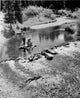 Vintage photograph of children fly-fishing on a wooden raft