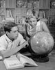 Poster of a teenage boy and his sister looking at a globe, inspiring travel and exploration.