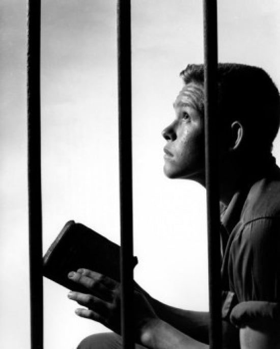 Teenage boy holding a book sitting behind a metal grate poster print.