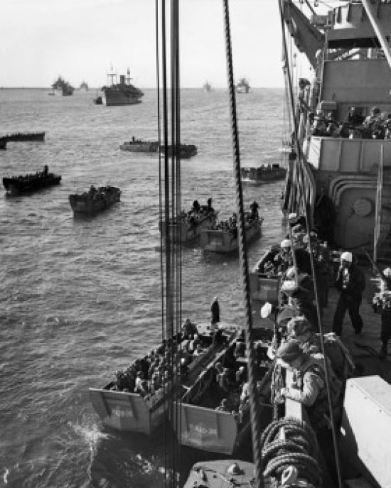 D-Day poster print featuring soldiers on a military ship in Normandy, June 6, 1944.