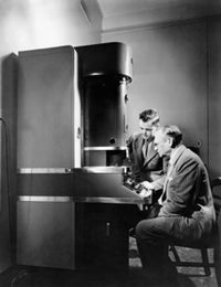 Electron Microscope Poster featuring Inventors V. K. Zworykin and James Hillier