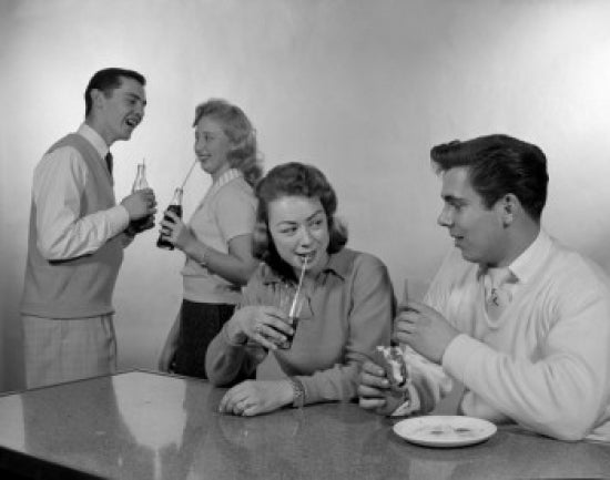 Two Couples Flirting in Cafeteria Poster Print