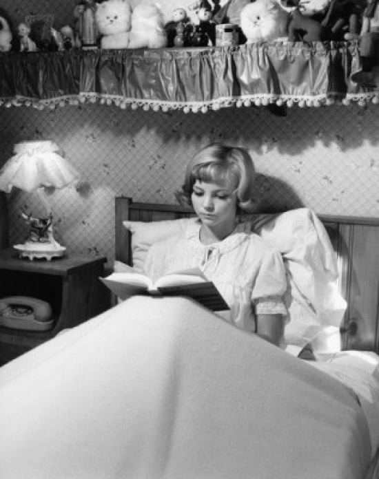Girl Reading in Bed Poster Print, serene artwork for home decor.