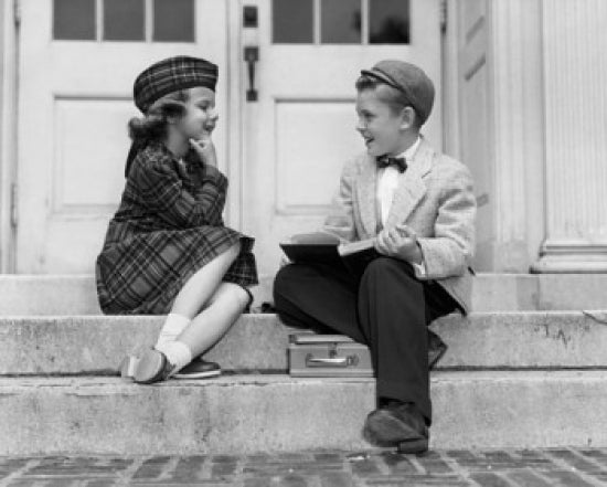 Charming Schoolboy and Schoolgirl Poster Print featuring young love.