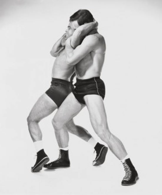 Dynamic wrestling action poster print featuring two young men grappling.