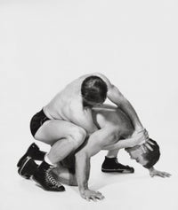 Two Young Men Wrestling Poster Print showcasing athletic competition.