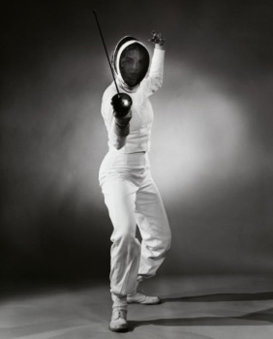 Woman in Fencing Uniform Poster Print showcasing athleticism and grace