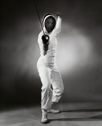 Woman in Fencing Uniform Poster Print showcasing athleticism and grace