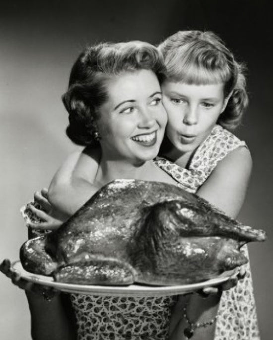 Mother holding a turkey with daughter hugging her - Thanksgiving poster print.