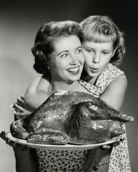 Mother holding a turkey with daughter hugging her - Thanksgiving poster print.