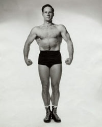 Young man flexing his muscles poster print showcasing strength and motivation.