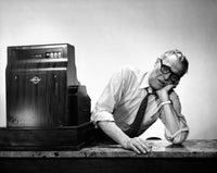 Poster print featuring a senior man leaning over a checkout counter near a cash register.