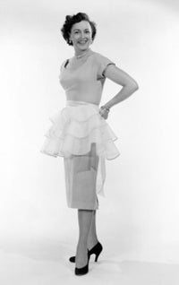 Portrait of mid adult woman trying on tutu poster print.