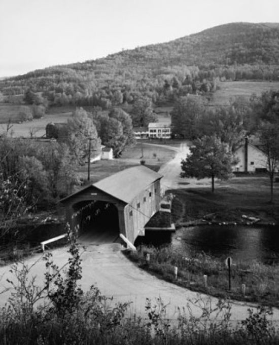 High angle view of covered bridge over river in West Arlington, Vermont poster print